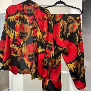 Satin Vibrant Red and Black Women's Top & Bottom